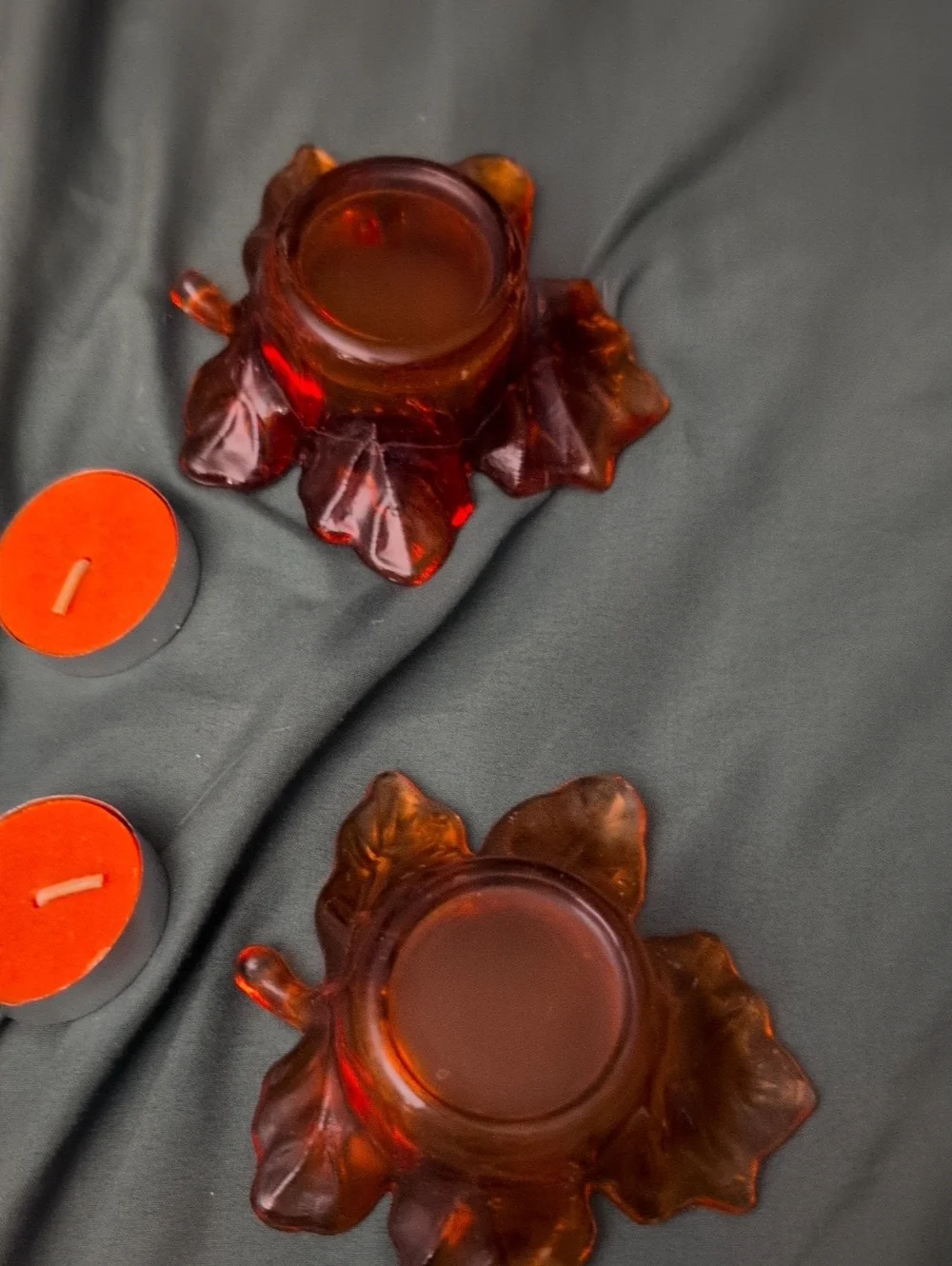 Amber Leaf Glass Tea Light Holders - Set of 4